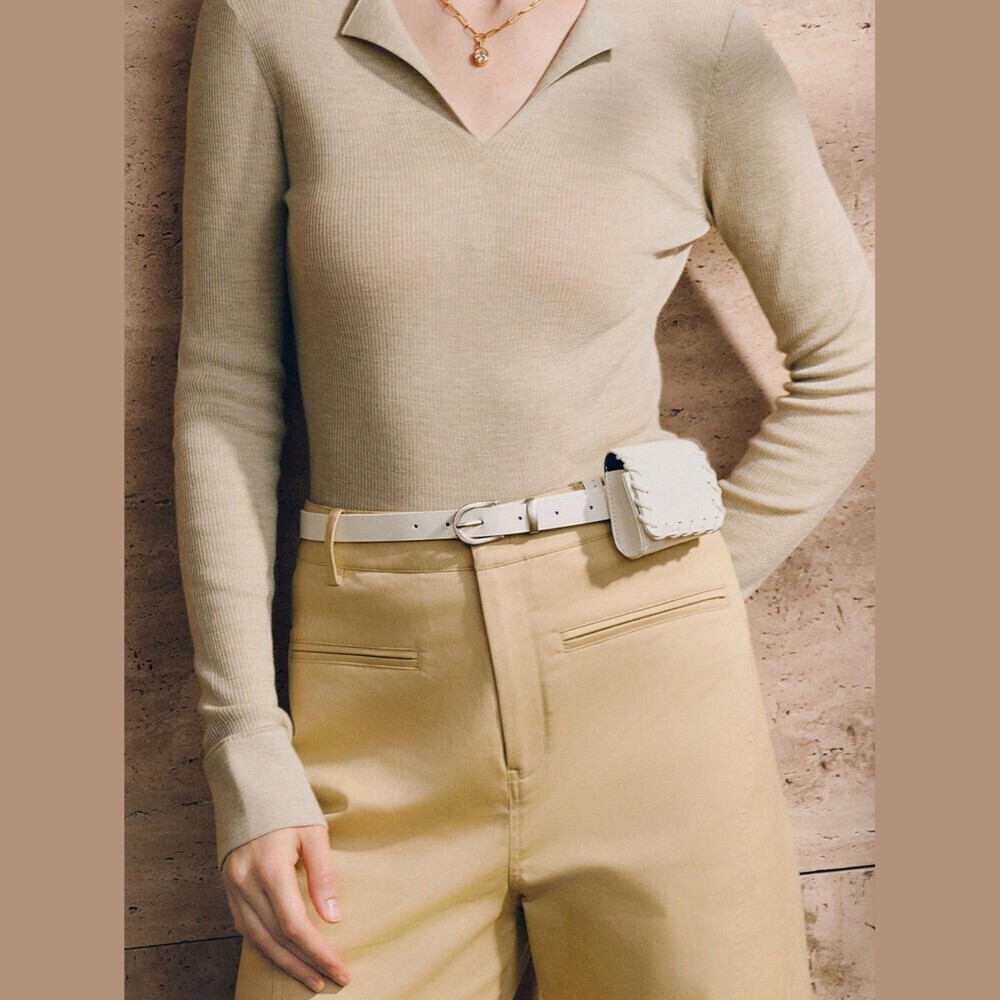 White Skinny Waist Belt with Whipstitch Pouch Bag — Fanny Pack